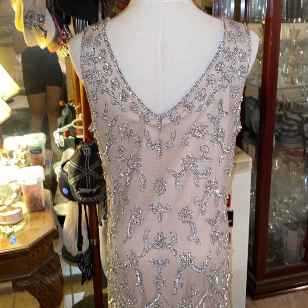 Pisarro Nights Beaded Mesh Column silver and gold beading Gown Womens Size 14 - Picture 7 of 11
